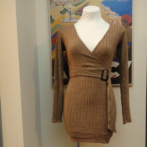 Forever 21 Dresses & Skirts - FOREVER 21 Cable Knit Faux Wrap Dress sz S Camel Brown NWT